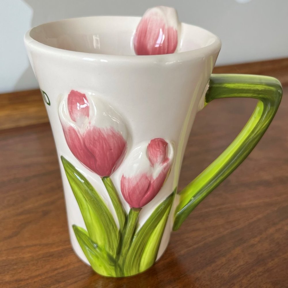 Pivera Vintage Tulip Mug "Holland" | Pink Flowers 3D Dutch Hand-Painted Easter